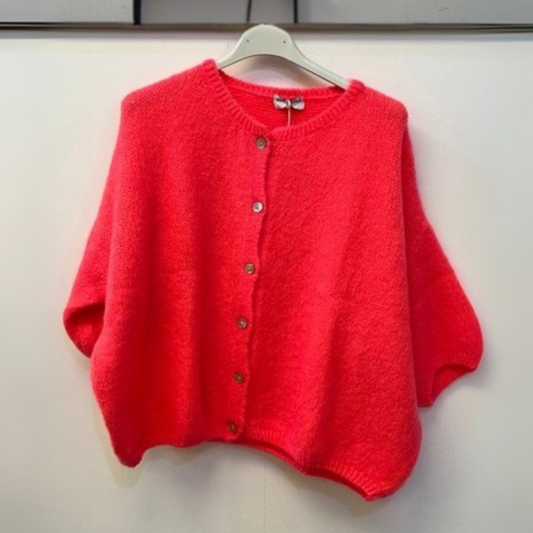 Mohair Blend Cropped Sleeve Cardigan - Neon Coral