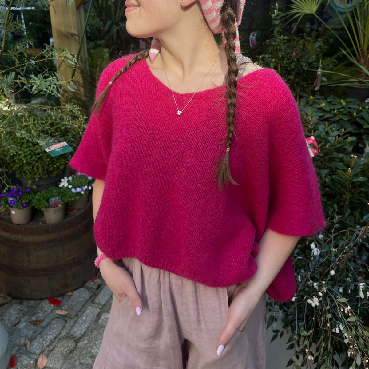 Drop Shoulder Mohair Blend Tank Top - Cerise