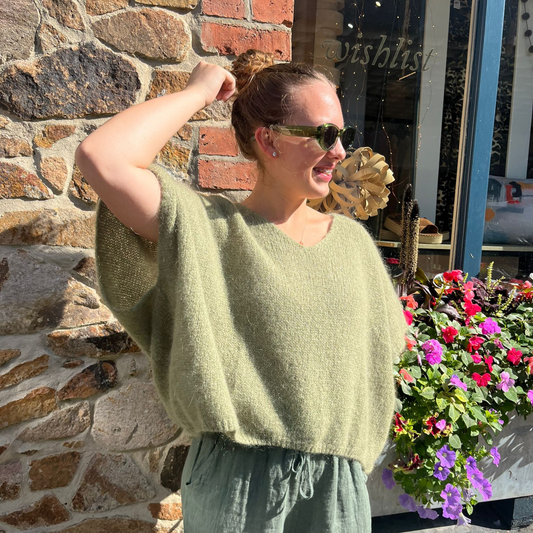 Drop Shoulder Mohair Blend Tank Top - Khaki Green