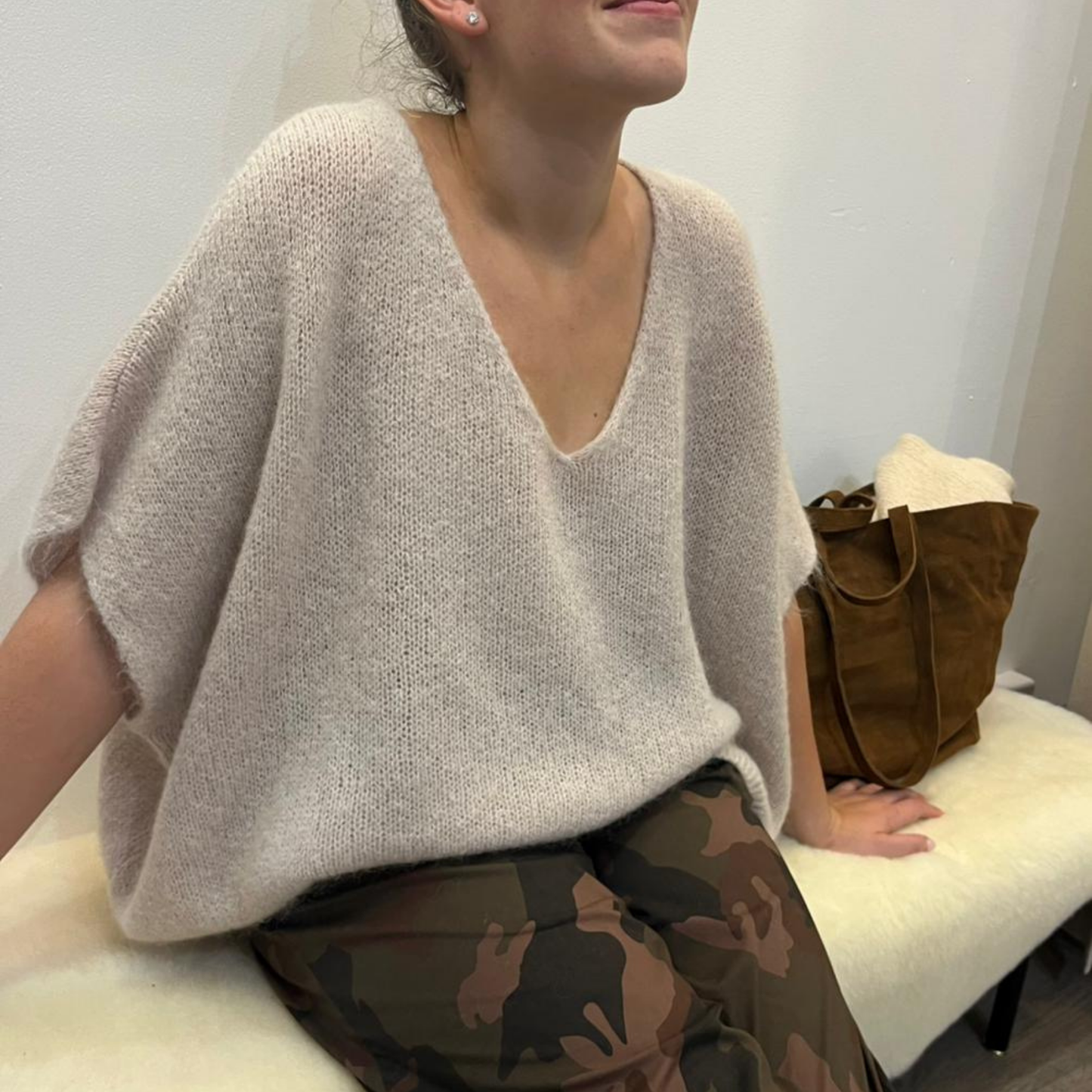 Drop Shoulder Mohair Blend Tank Top - Stone