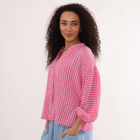 Balloon Sleeve Blouse - Fuchsia Gingham