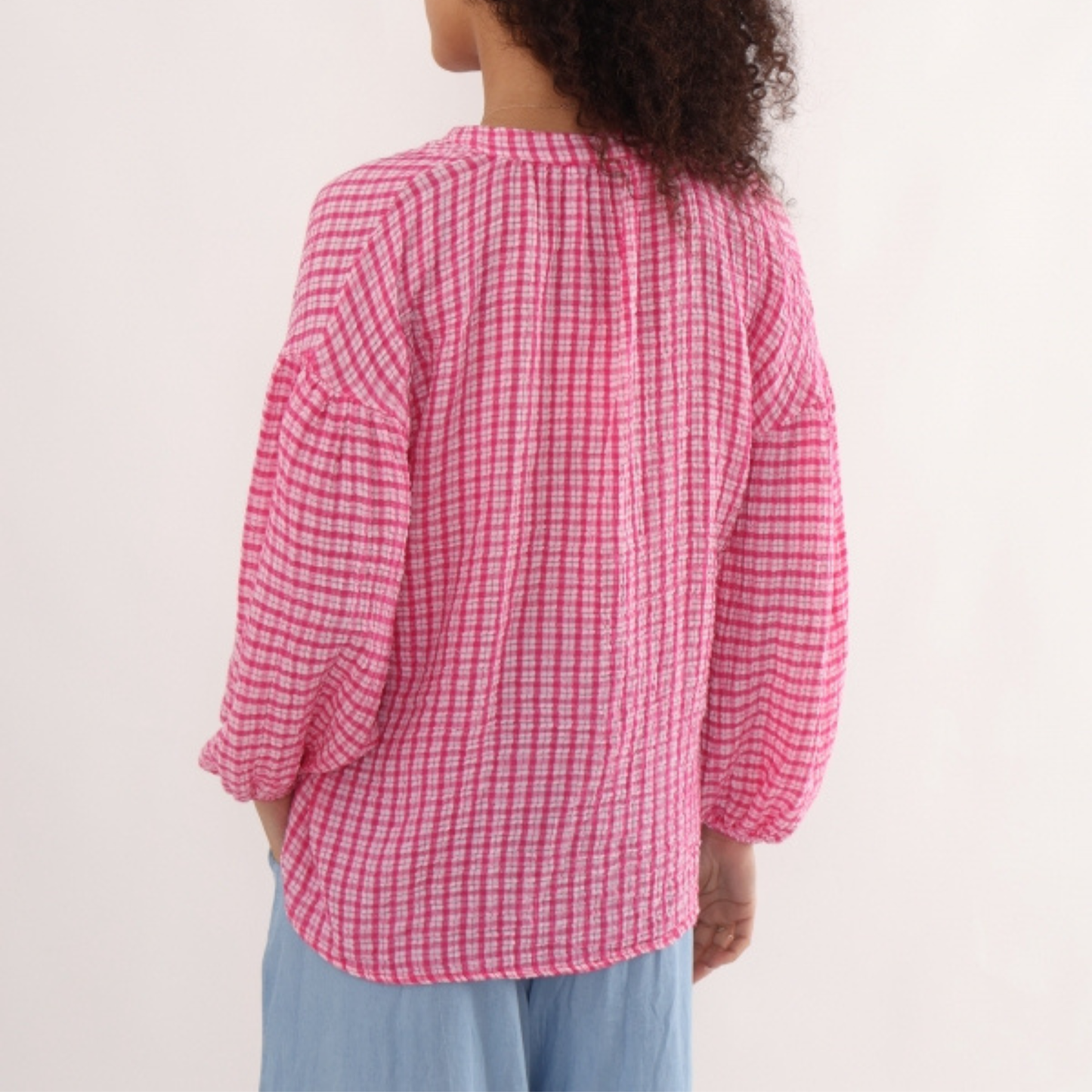 Balloon Sleeve Blouse - Fuchsia Gingham