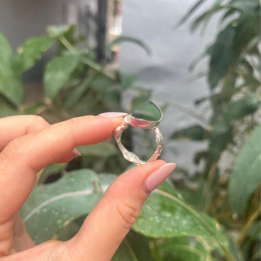 Fused Eco Silver Ring - Green Sea Glass