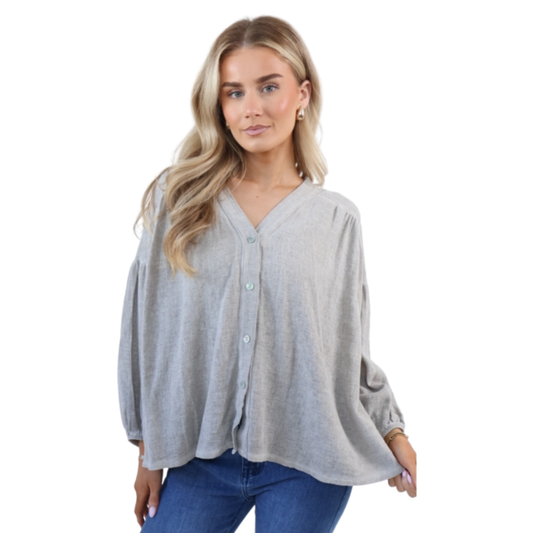 Gathered Sleeve Gauze Shirt - Taupe