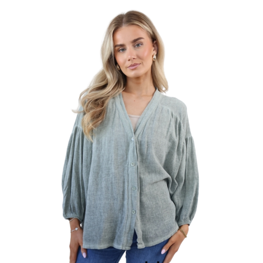 Gathered Sleeve Gauze Shirt - Khaki