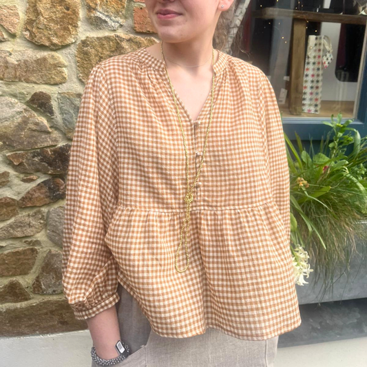 Gingham Balloon Sleeve Blouse - Chai