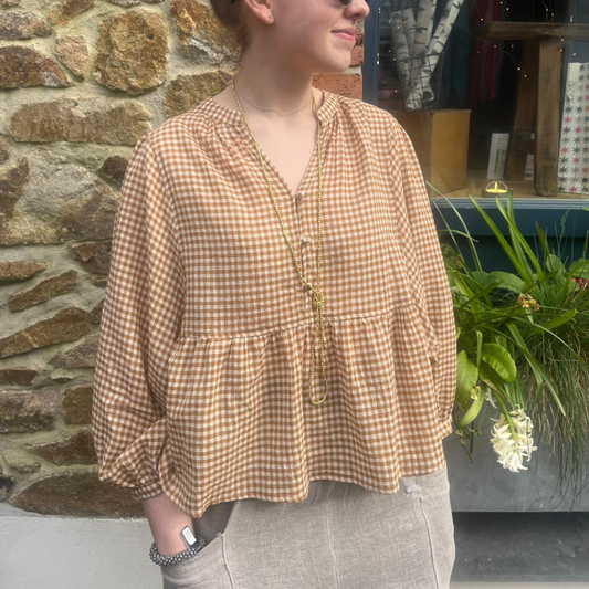 Gingham Balloon Sleeve Blouse - Chai