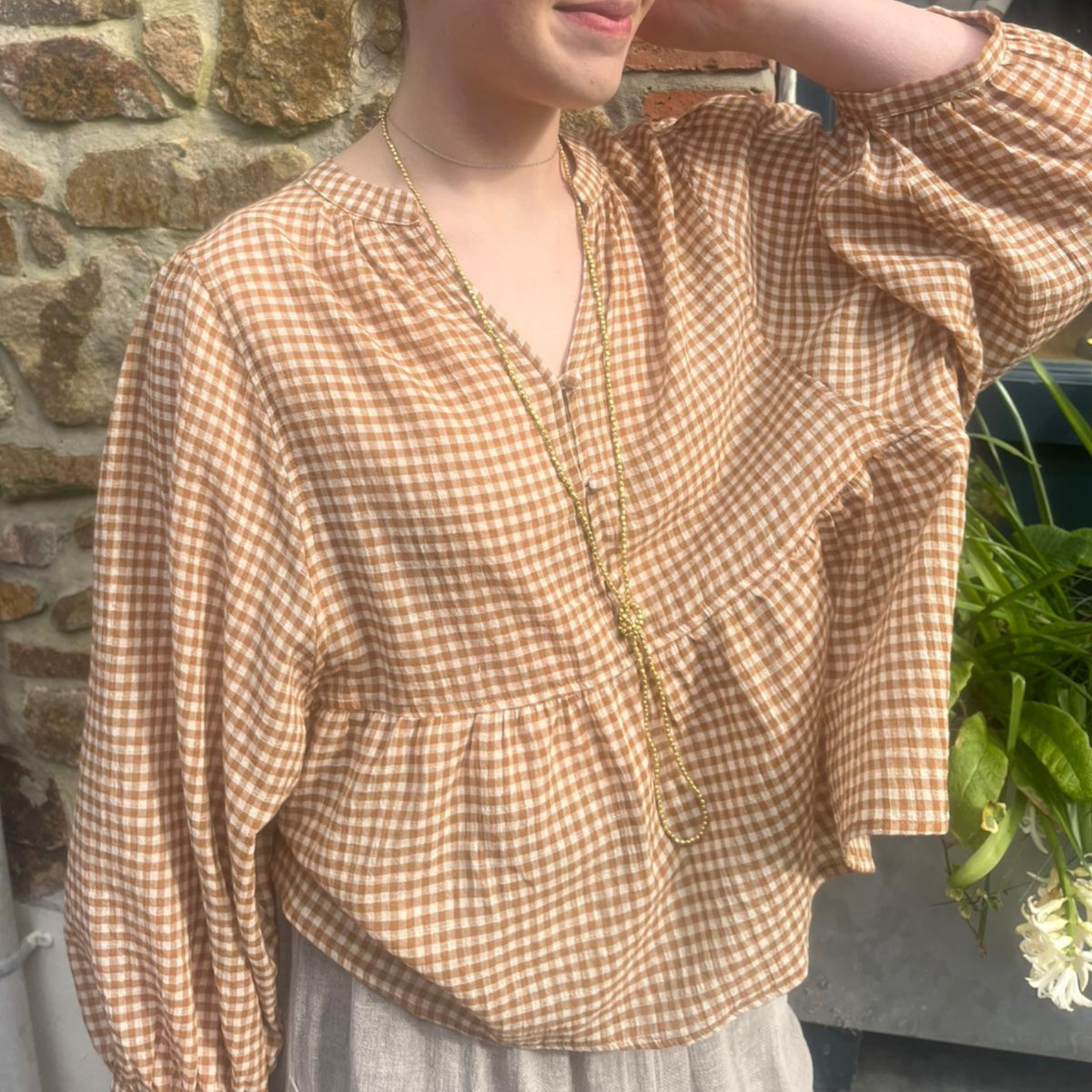 Gingham Balloon Sleeve Blouse - Chai