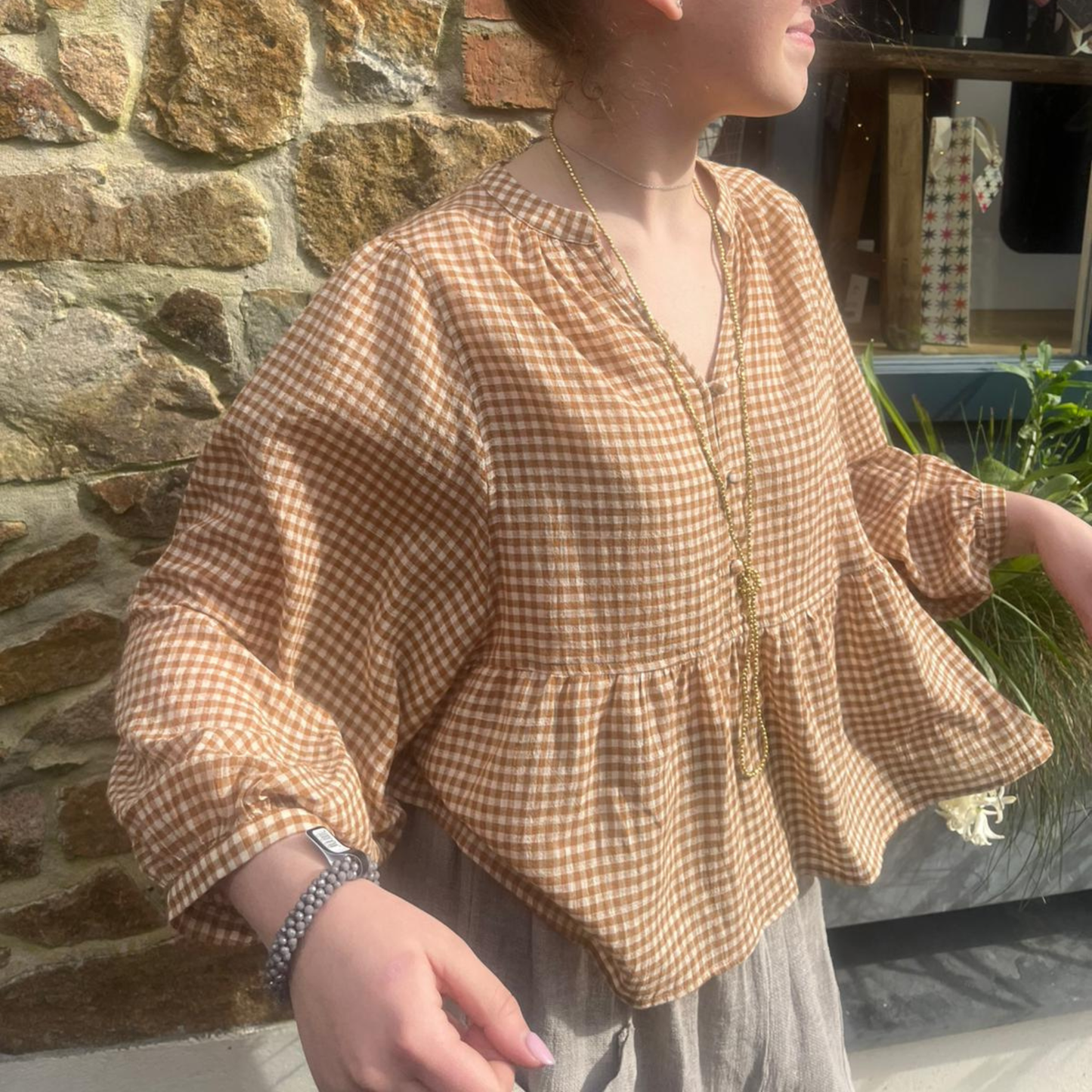 Gingham Balloon Sleeve Blouse - Chai