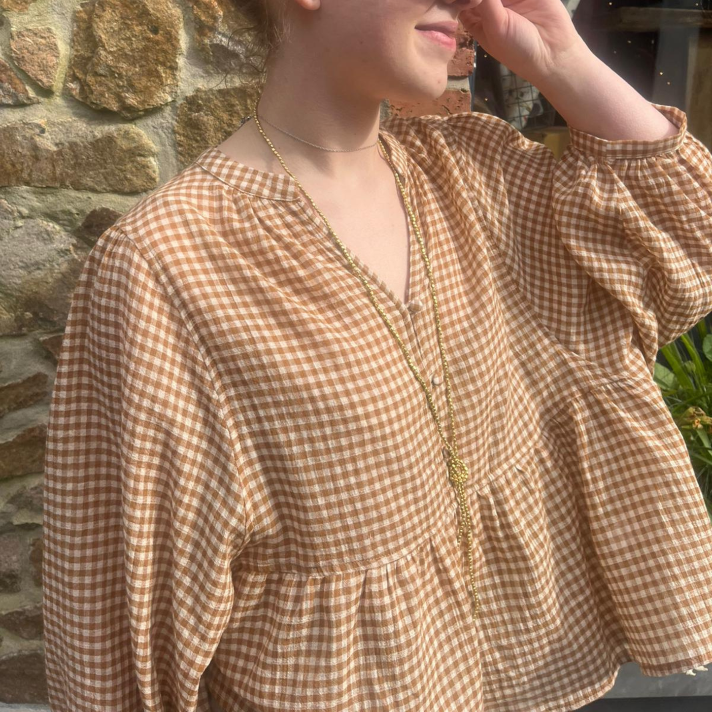 Gingham Balloon Sleeve Blouse - Chai