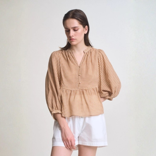 Gingham Balloon Sleeve Blouse - Chai