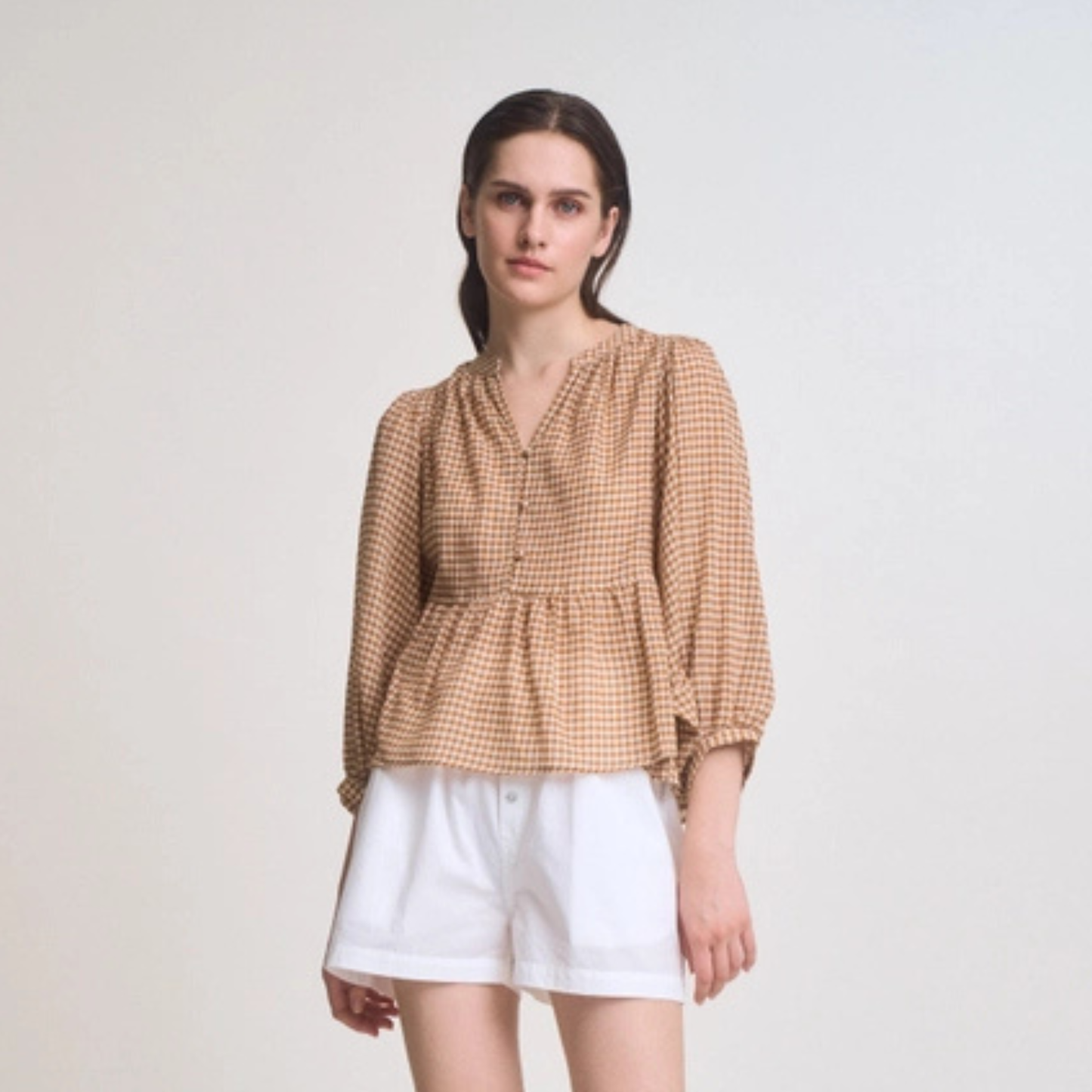 Gingham Balloon Sleeve Blouse - Chai