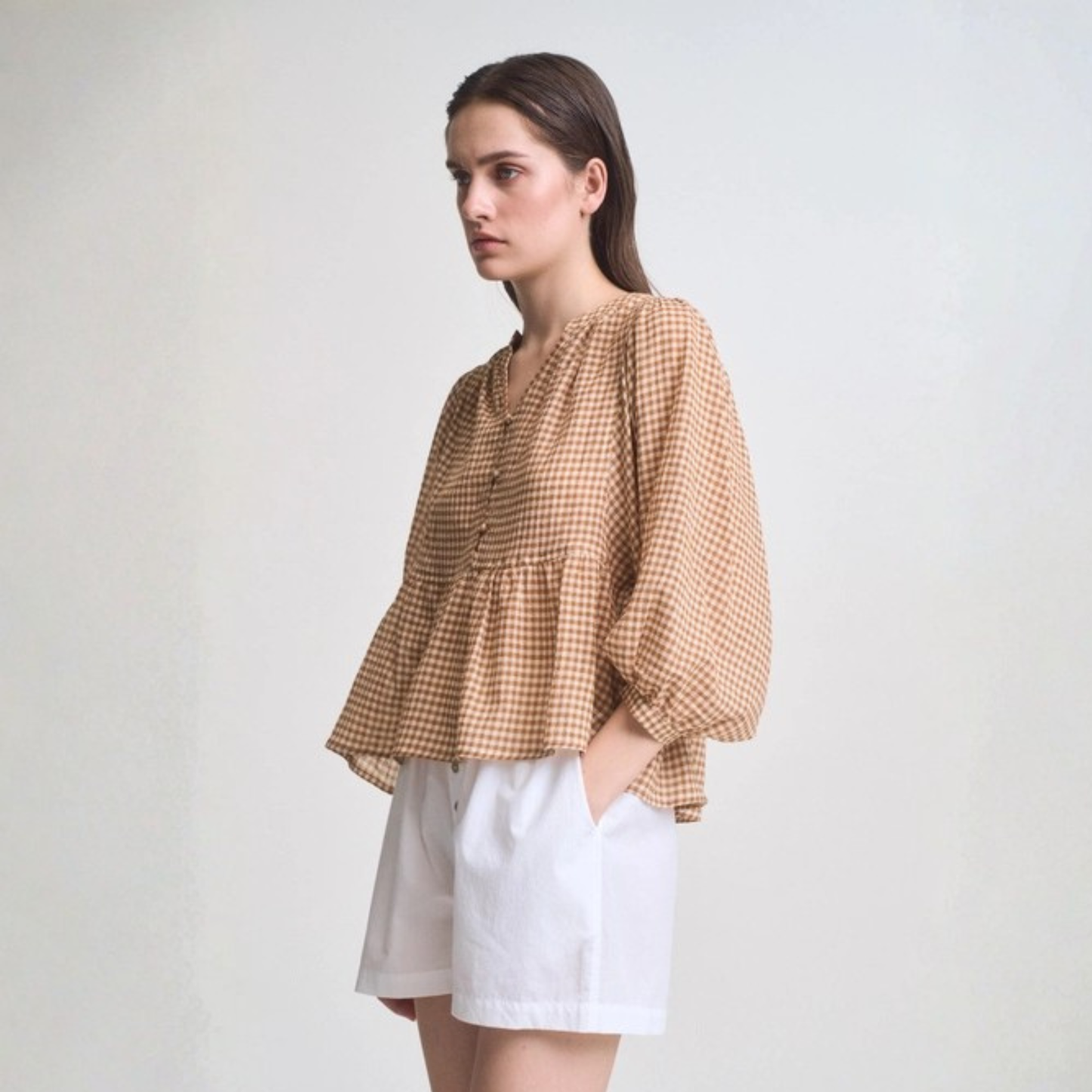 Gingham Balloon Sleeve Blouse - Chai