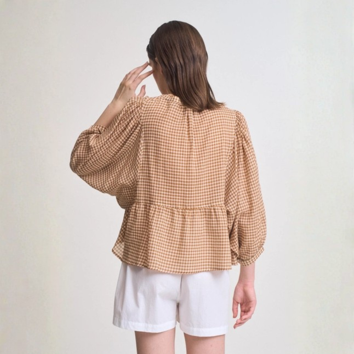 Gingham Balloon Sleeve Blouse - Chai