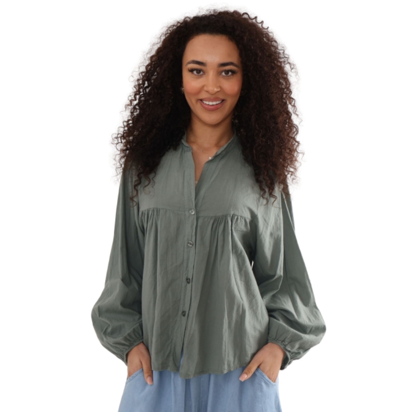 Cotton Smock Blouse - Khaki Green