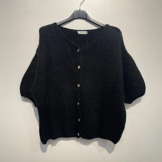 Cropped Sleeve Mohair Blend Cardigan - Black