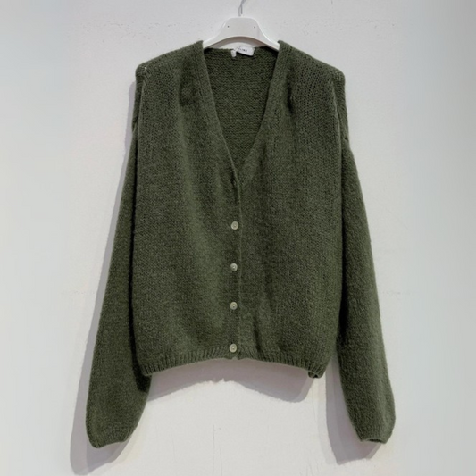 Mohair Blend V Neck Cardigan - Khaki Green