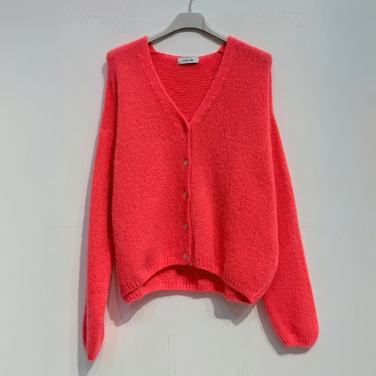Mohair Blend V Neck Cardigan - Neon Coral