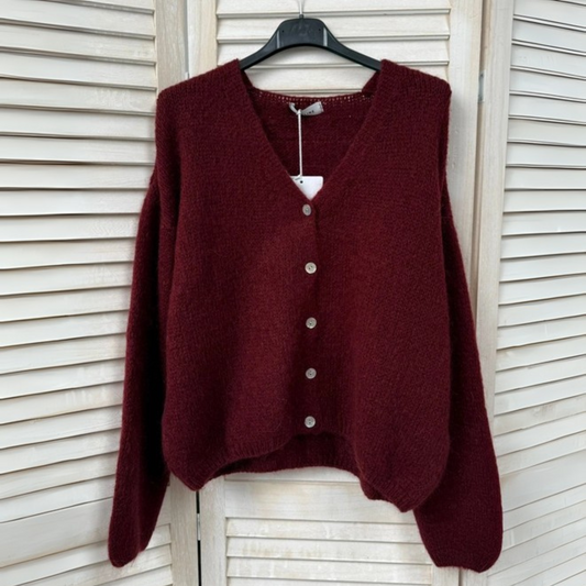 Mohair Blend V Neck Cardigan - Burgundy