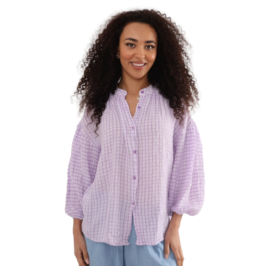 Balloon Sleeve Blouse - Lilac Gingham
