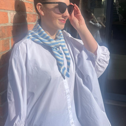 Wool Blend Triangle Neck Scarf - Pastel Blue Stripe