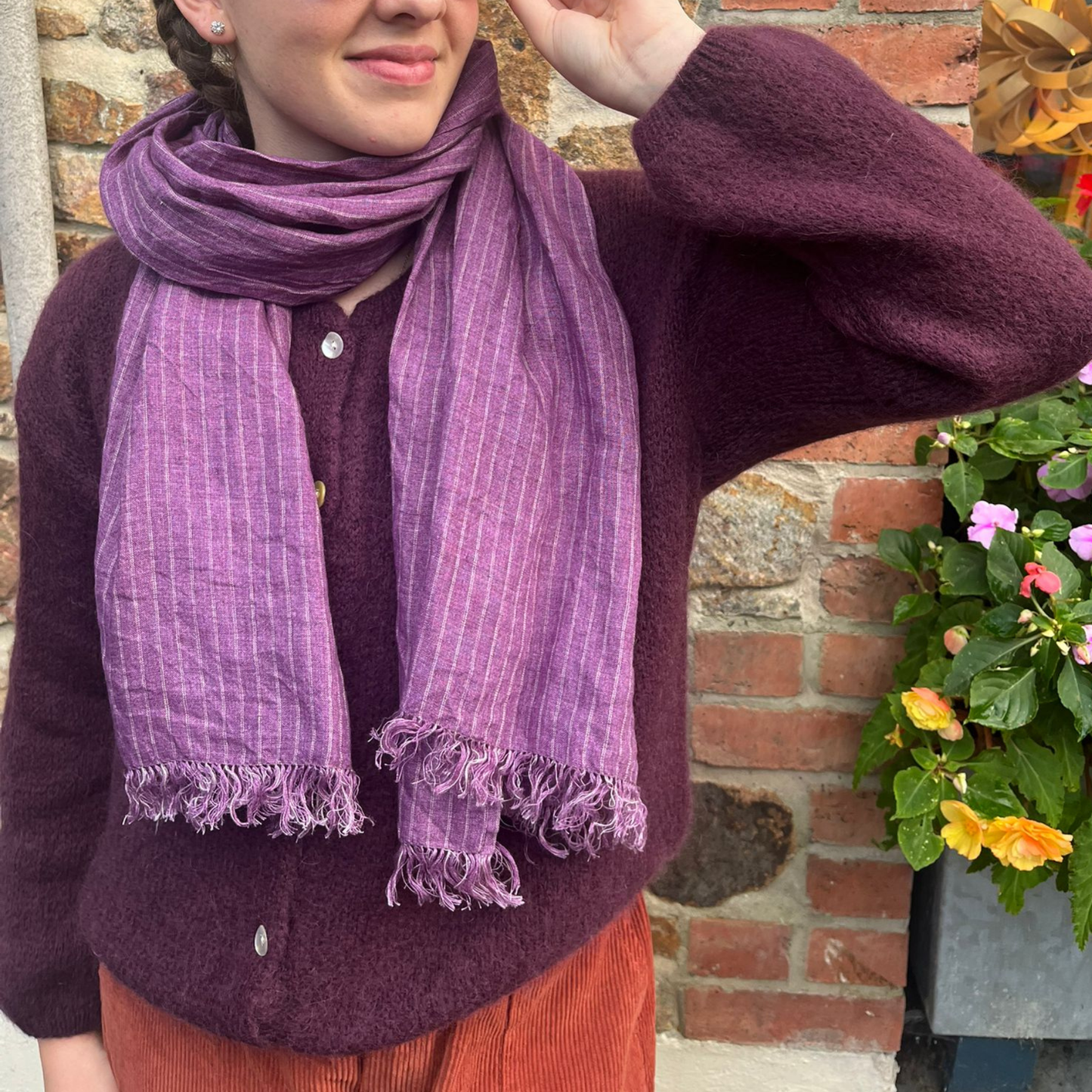 Linen Scarf - Purple Stripe