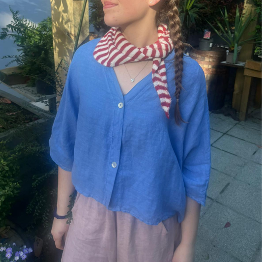 Linen Short Sleeve Button Blouse - Azure Blue