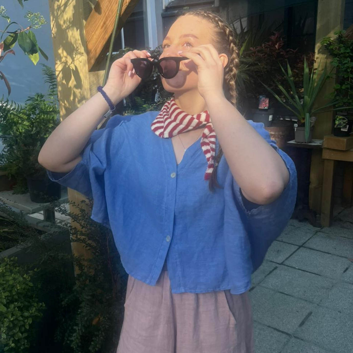 Linen Short Sleeve Button Blouse - Azure Blue