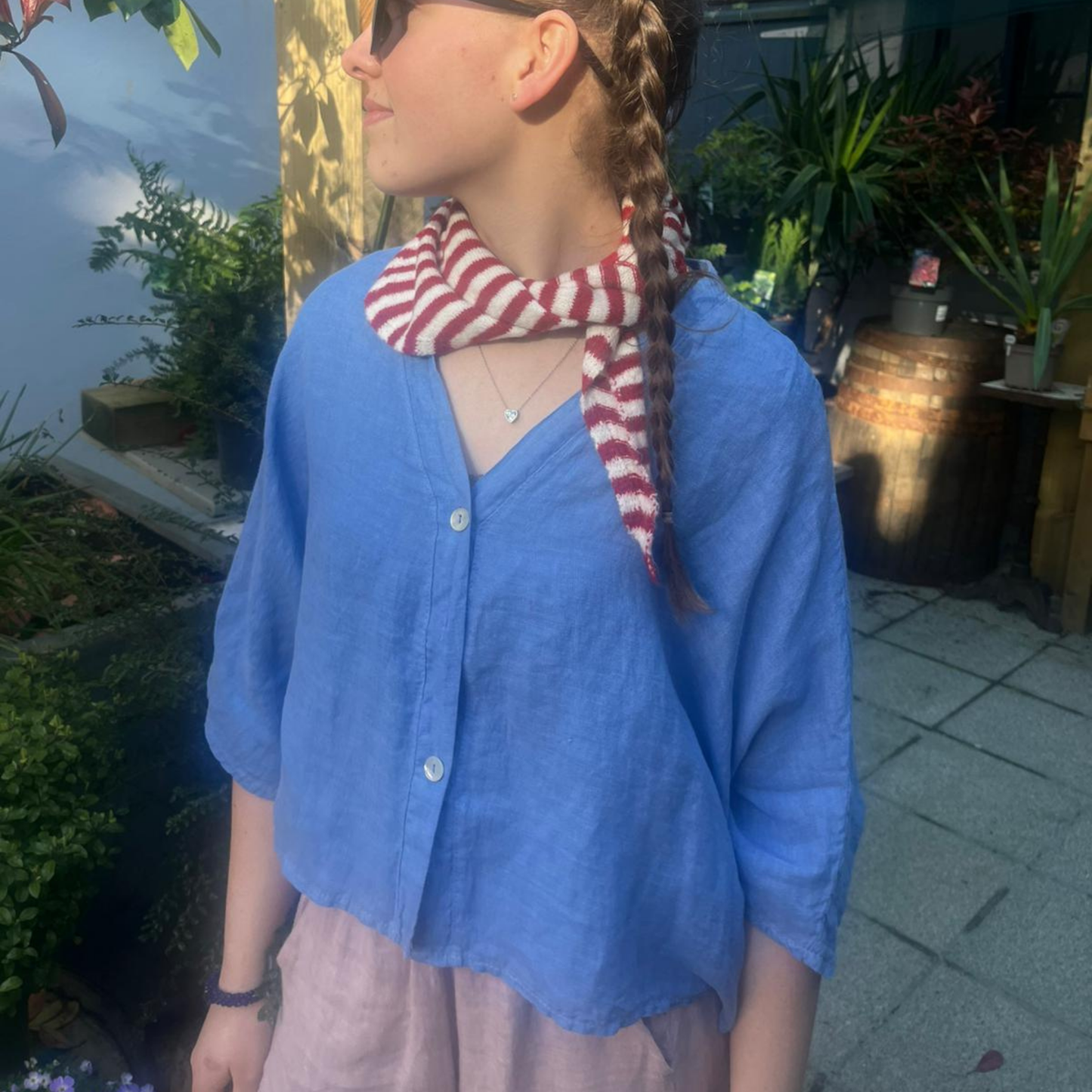 Linen Short Sleeve Button Blouse - Azure Blue