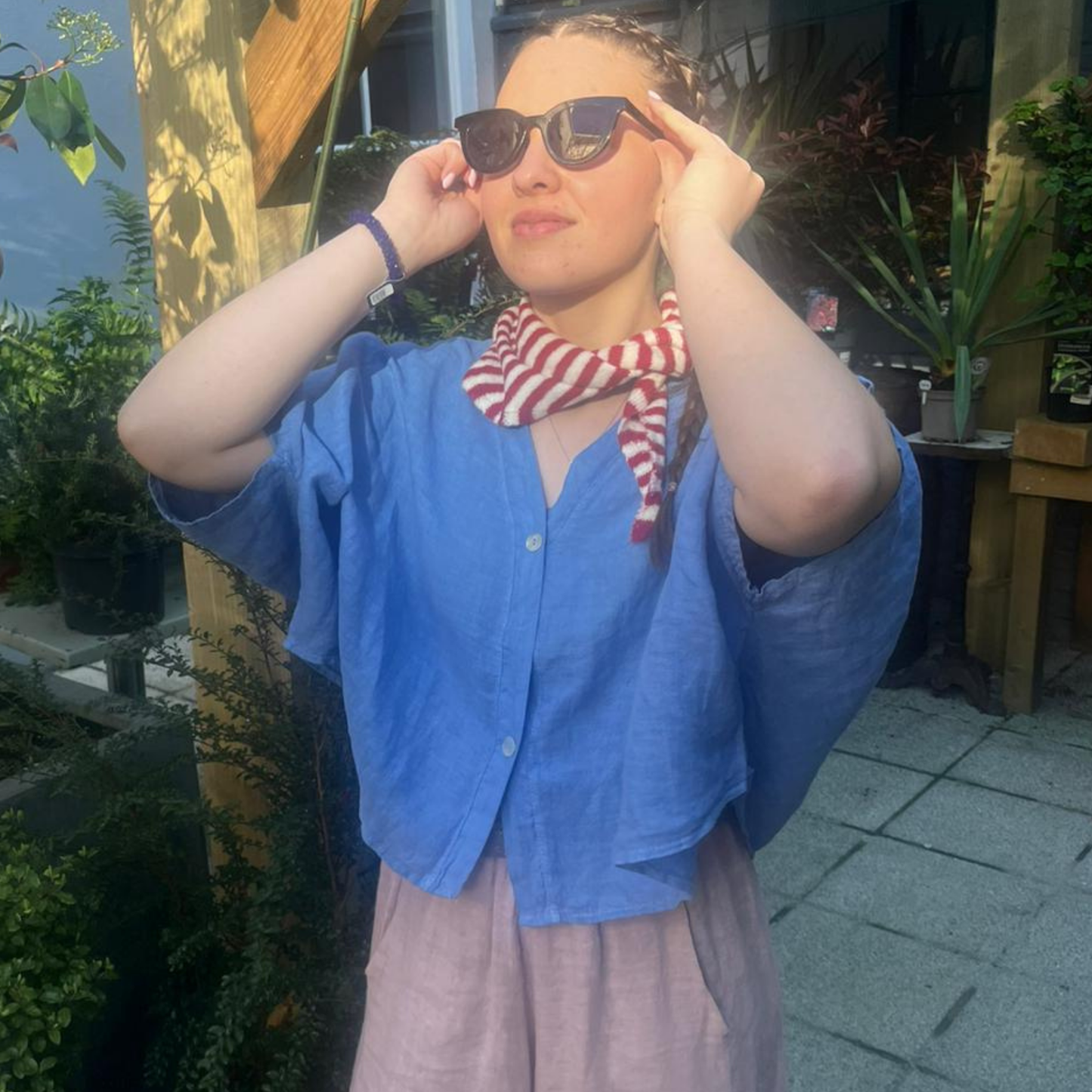 Linen Short Sleeve Button Blouse - Azure Blue