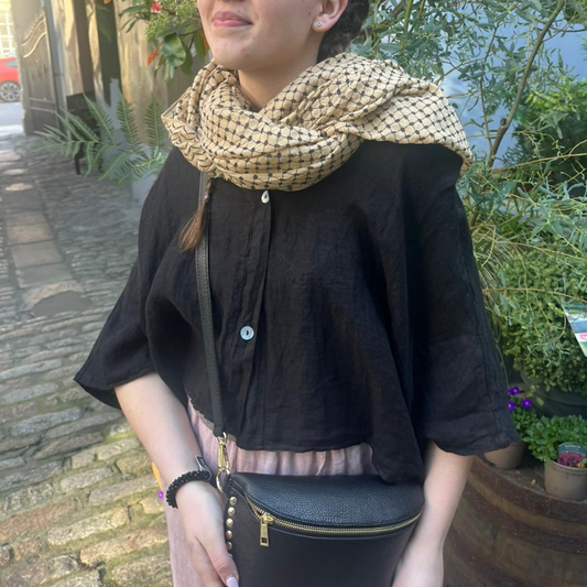 Linen Short Sleeve Button Blouse - Black