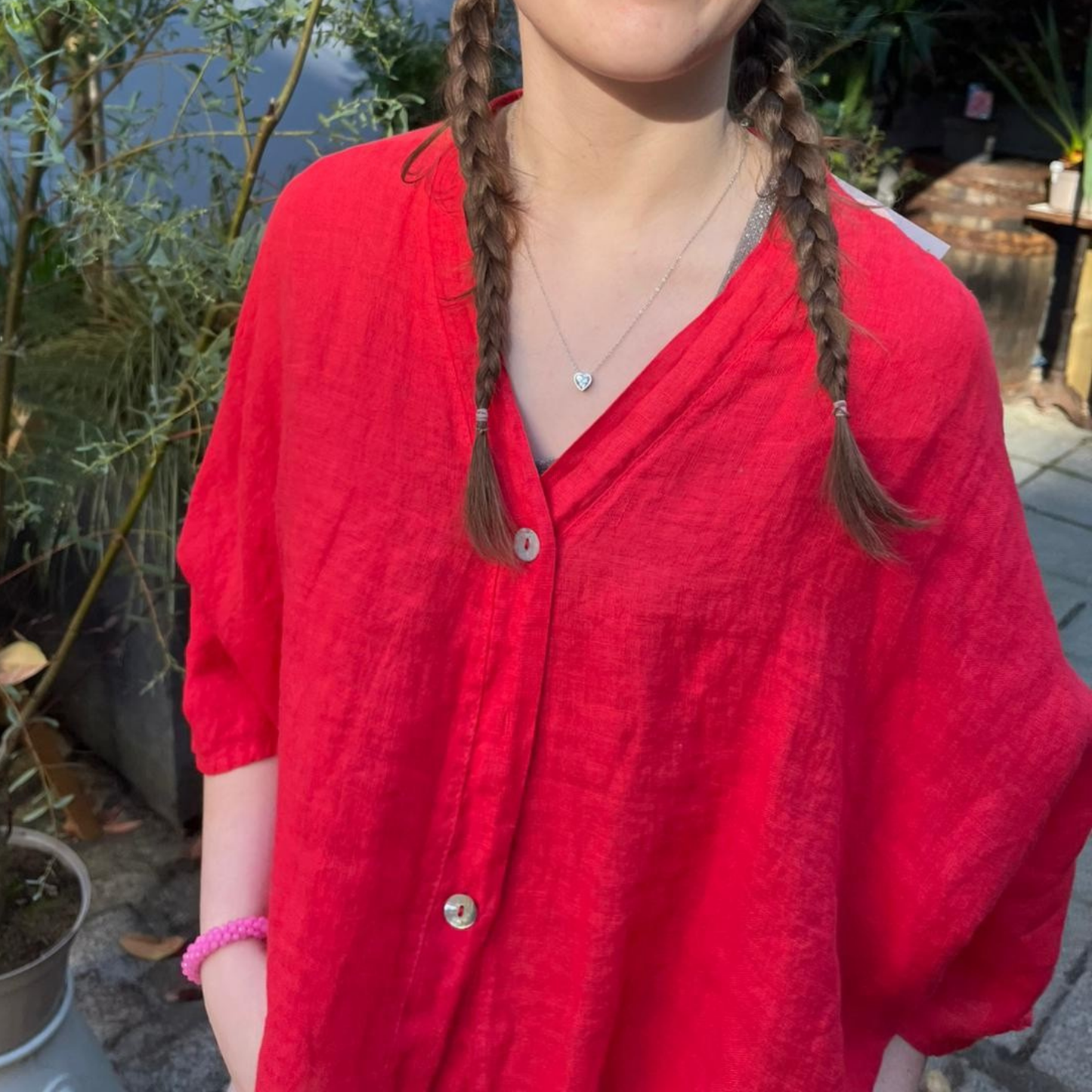 Linen Short Sleeve Button Blouse - Red