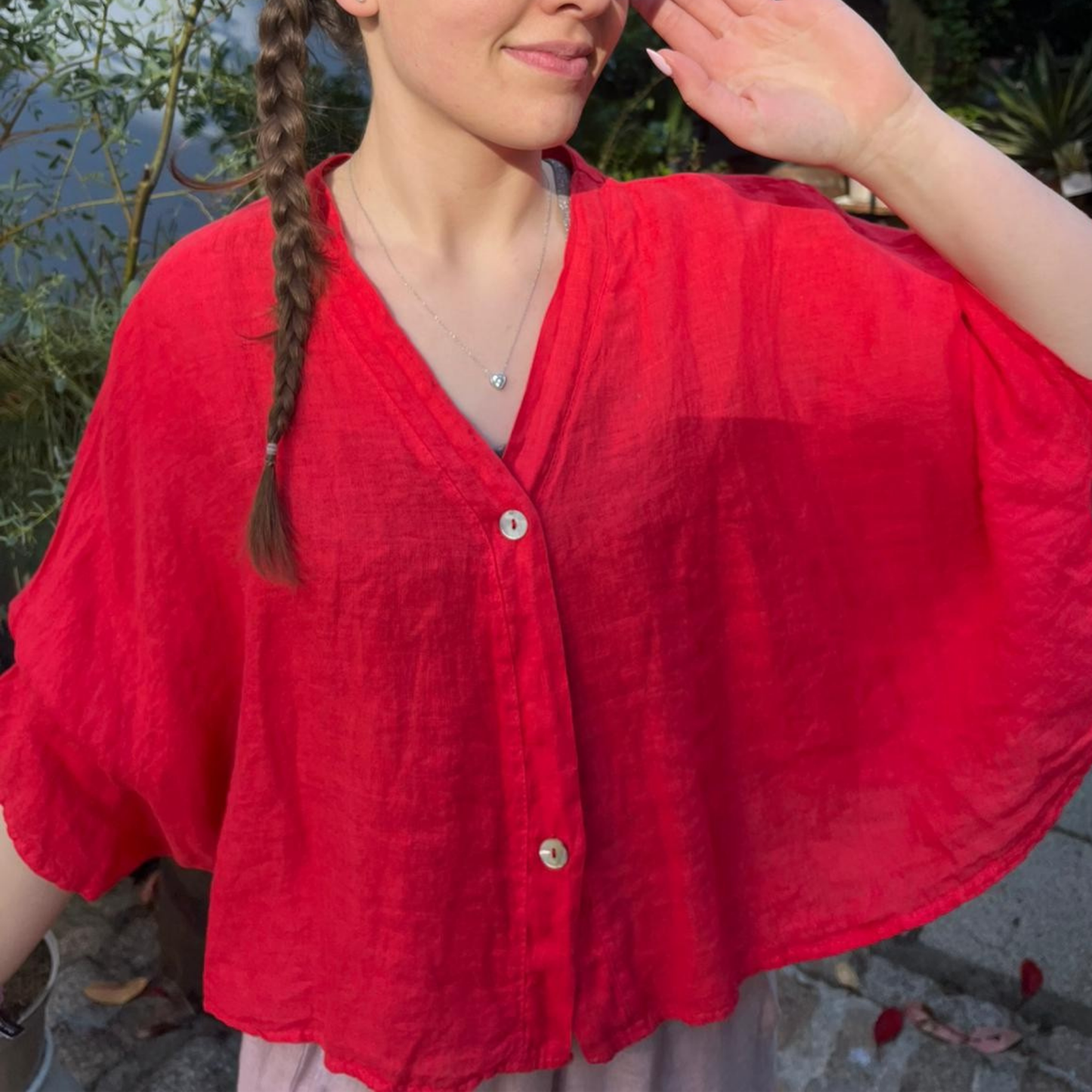 Linen Short Sleeve Button Blouse - Red