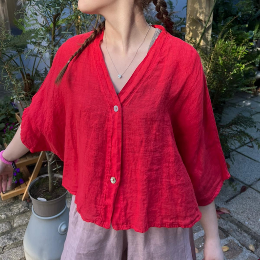 Linen Short Sleeve Button Blouse - Red