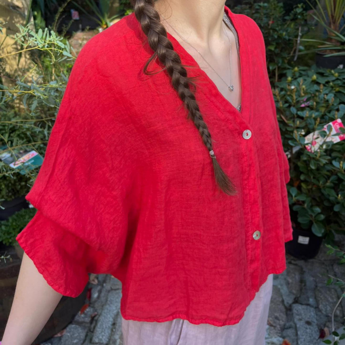 Linen Short Sleeve Button Blouse - Red