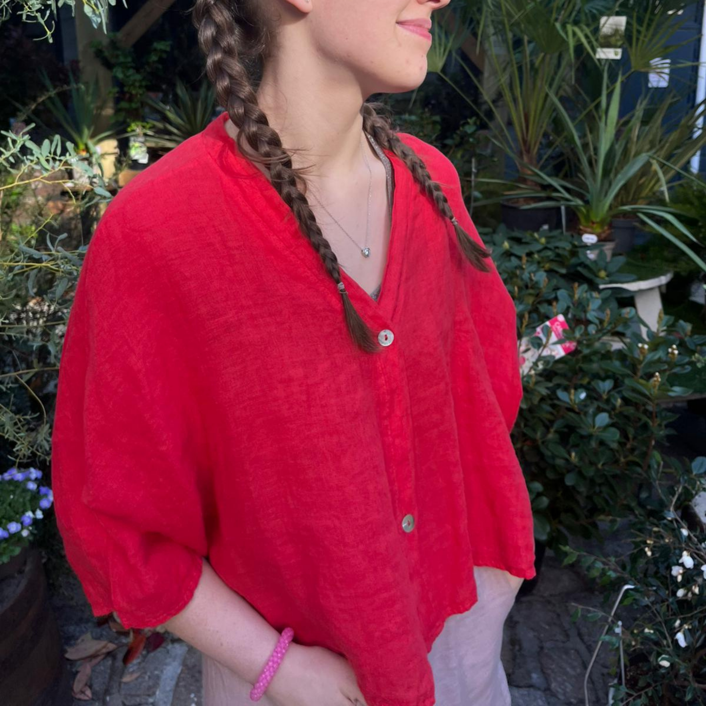 Linen Short Sleeve Button Blouse - Red