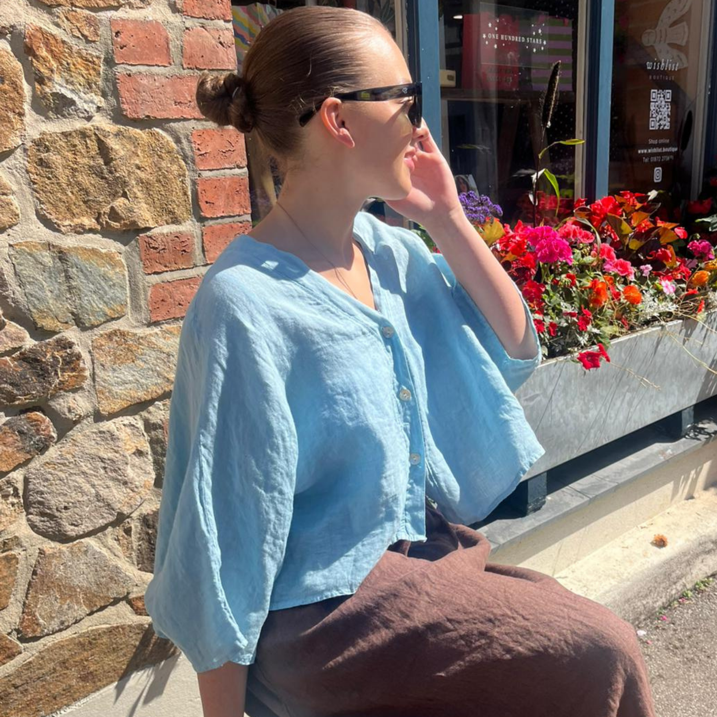 Linen Short Sleeve Button Blouse - Sky Blue