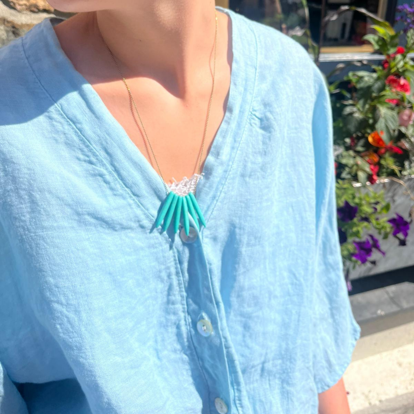 Linen Short Sleeve Button Blouse - Sky Blue