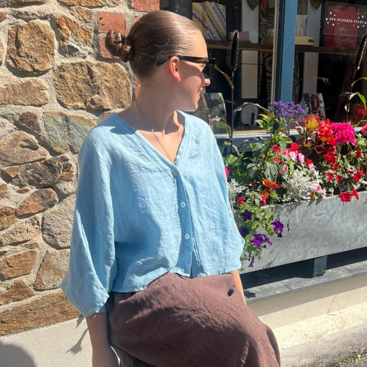Linen Short Sleeve Button Blouse - Sky Blue