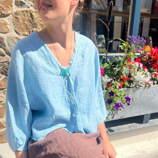 Linen Short Sleeve Button Blouse - Sky Blue