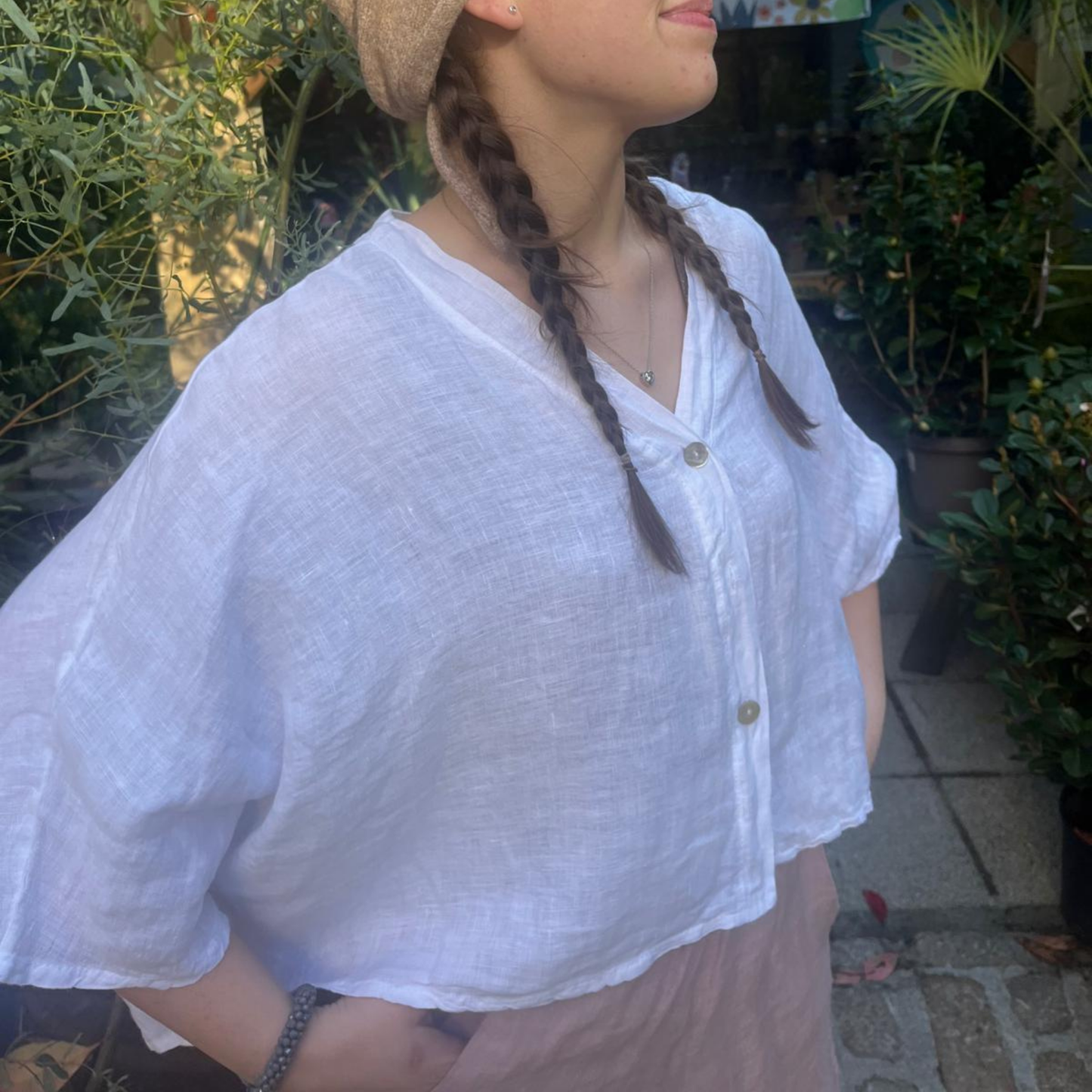 Linen Short Sleeve Button Blouse - White