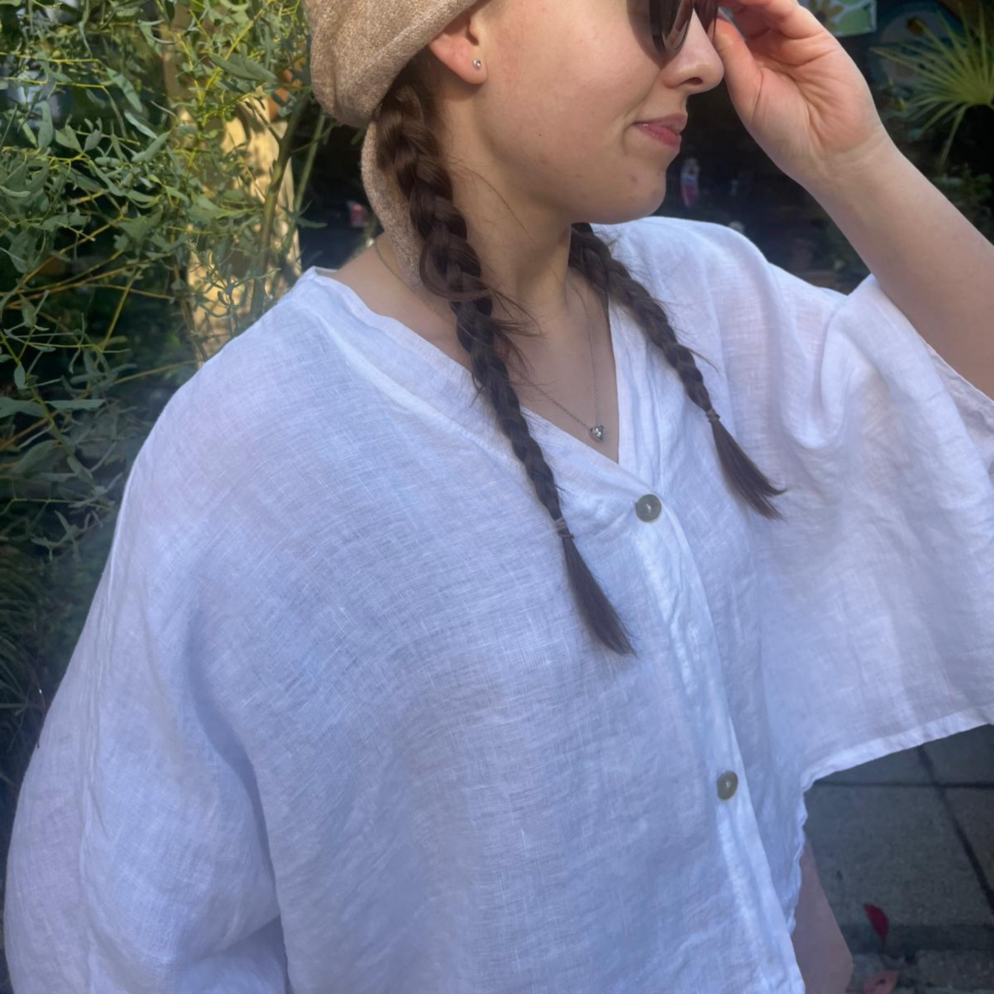 Linen Short Sleeve Button Blouse - White
