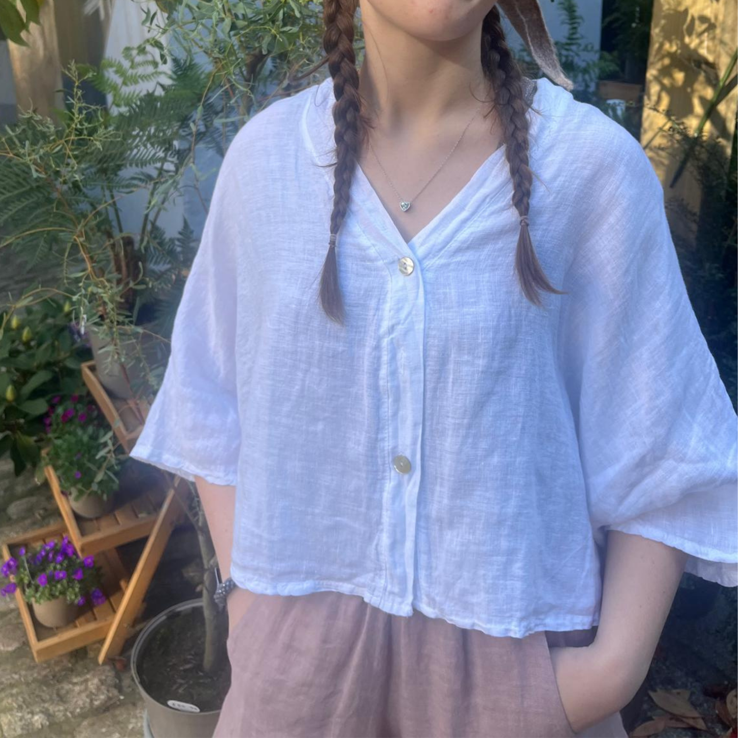 Linen Short Sleeve Button Blouse - White