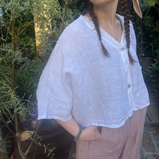 Linen Short Sleeve Button Blouse - White