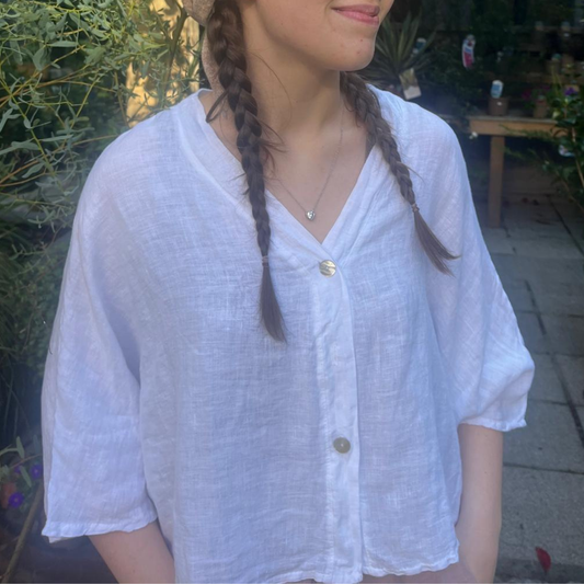 Linen Short Sleeve Button Blouse - White