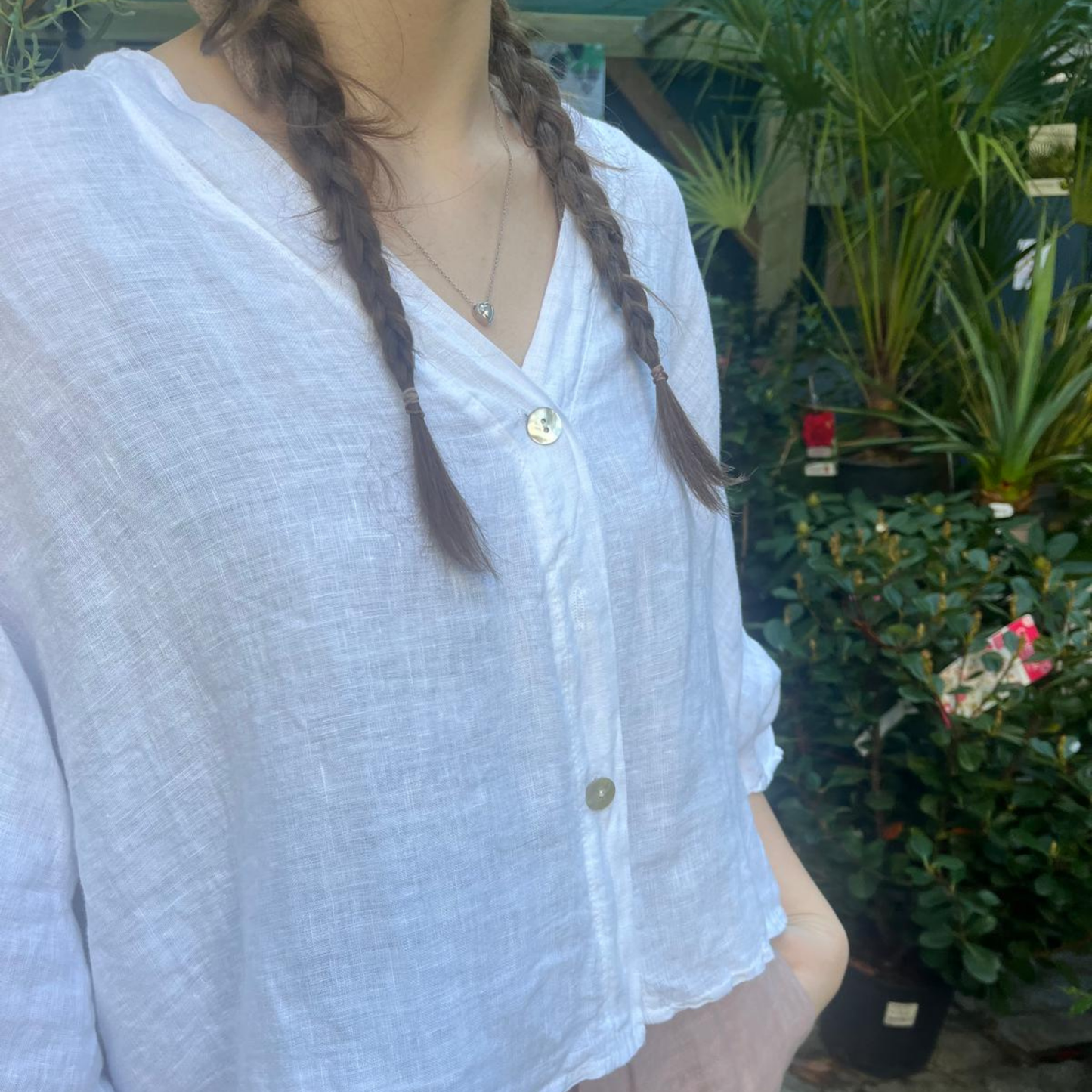 Linen Short Sleeve Button Blouse - White