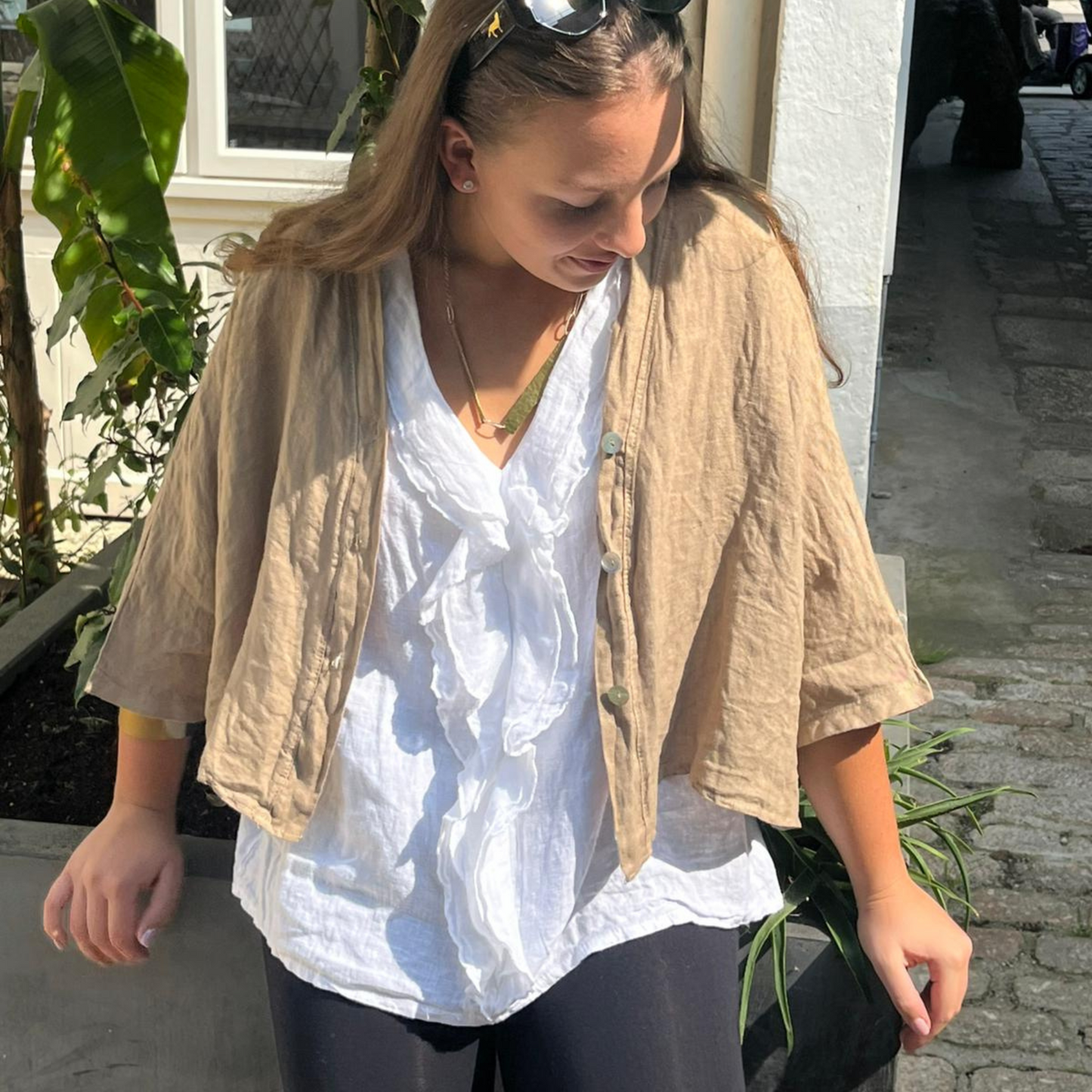 Linen Short Sleeve Button Blouse - Tan Brown
