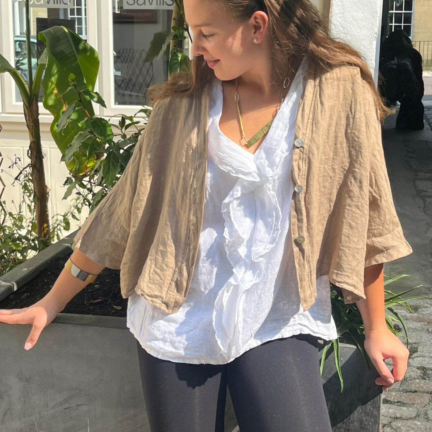 Linen Short Sleeve Button Blouse - Tan Brown