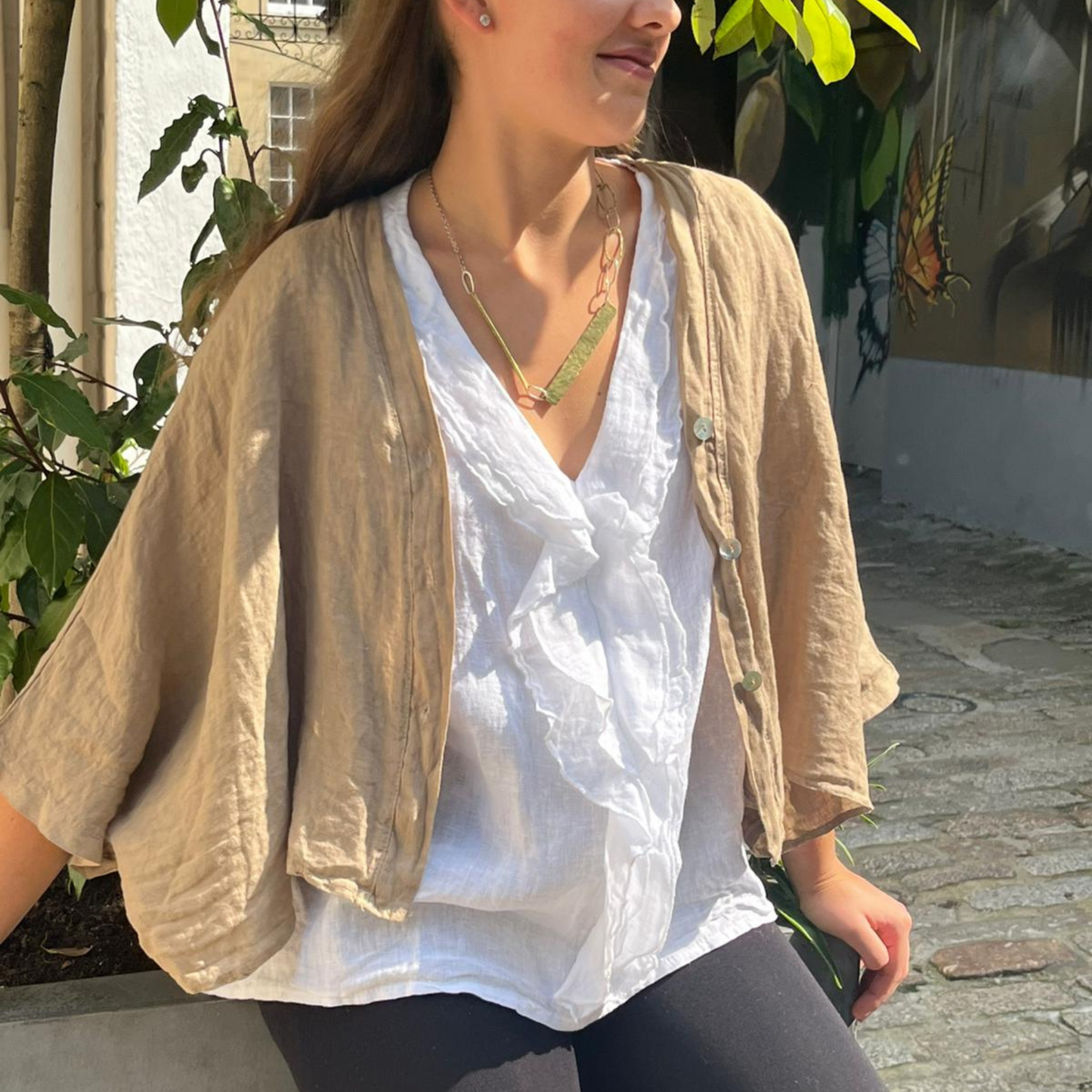 Linen Short Sleeve Button Blouse - Tan Brown