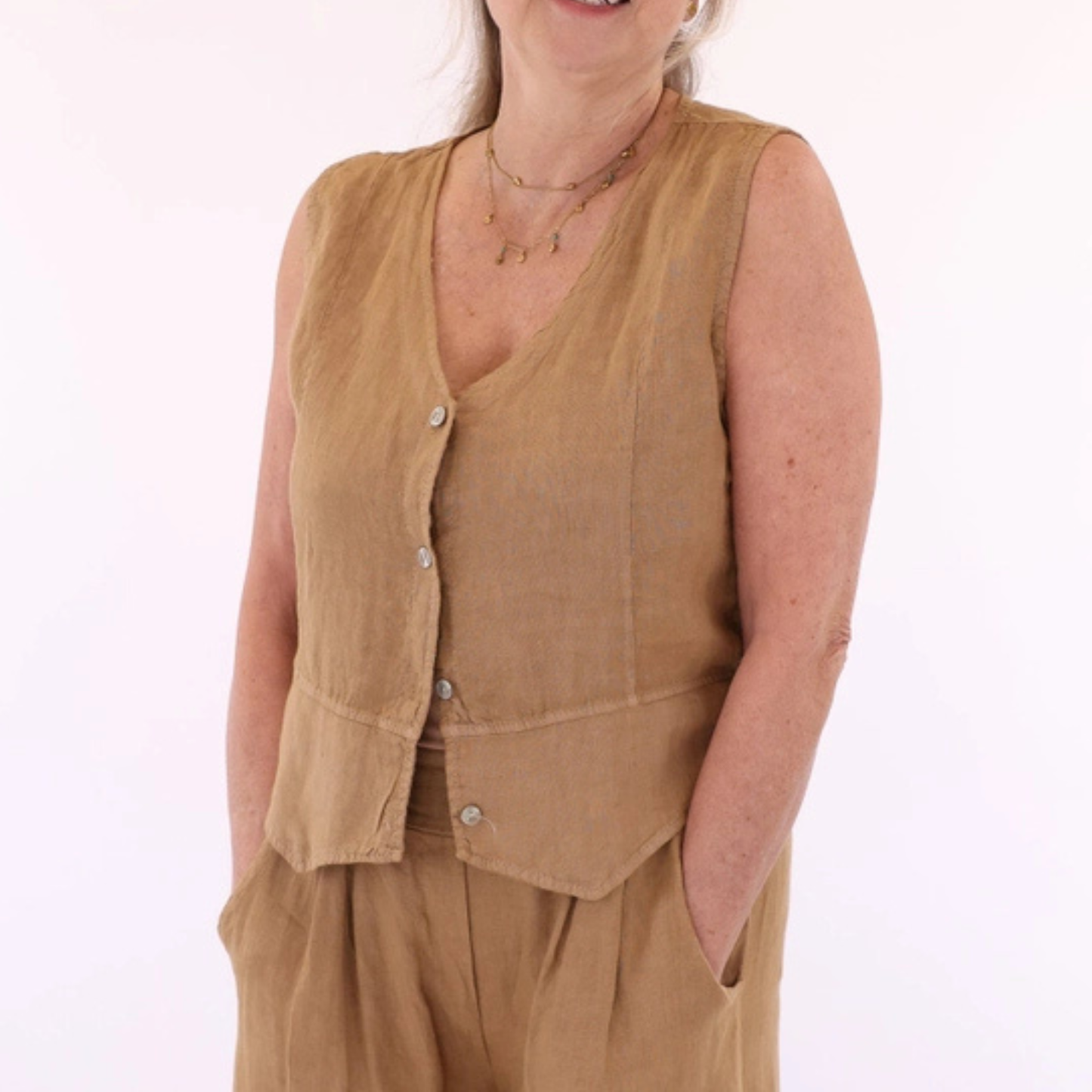 Linen Waistcoat - Tan Brown